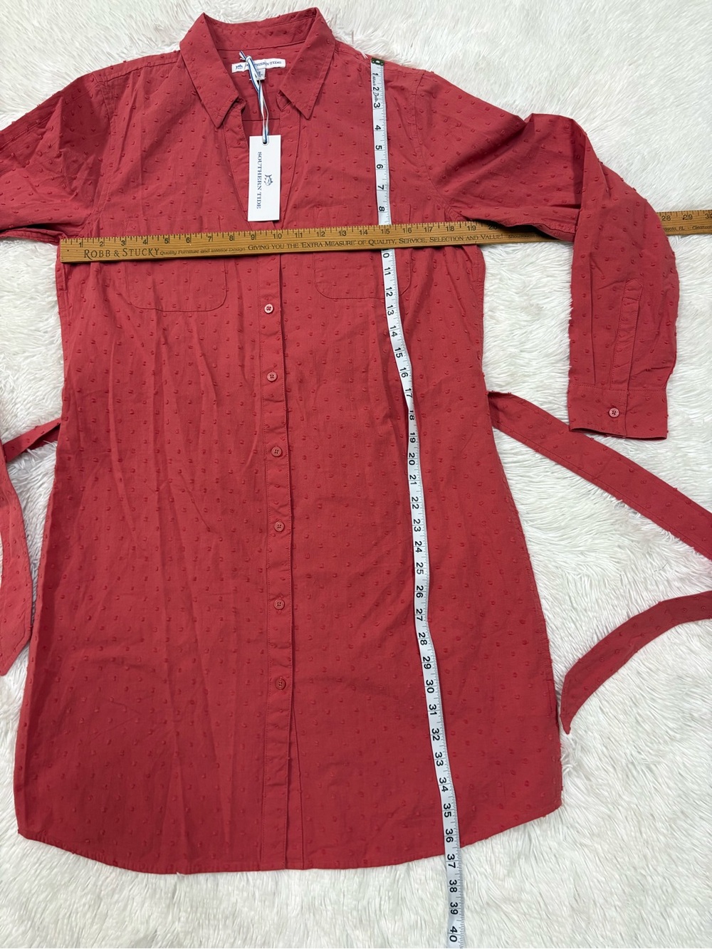 Southern Tide Coral Rust Dot-Texture Shirt Dress with Tie Waist - Picture 6 of 11